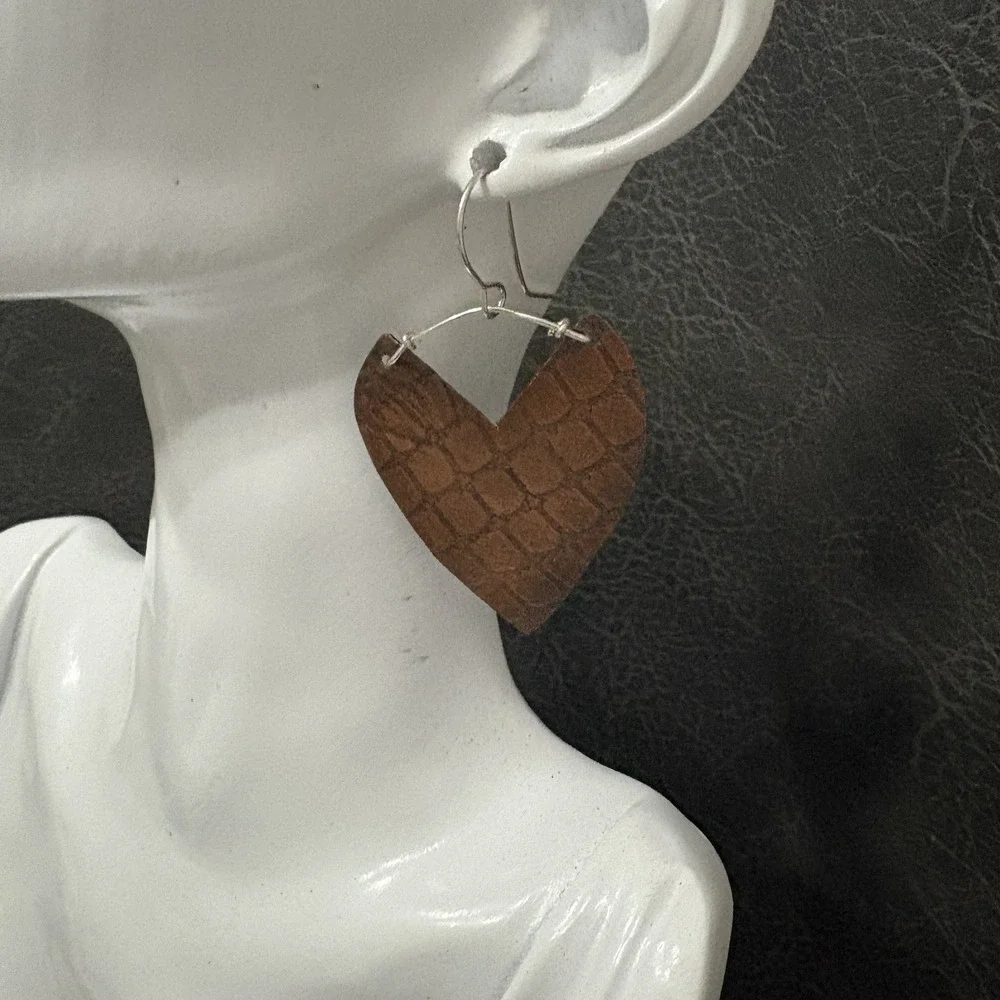 Large Heart Earrings Solid Copper Embossed